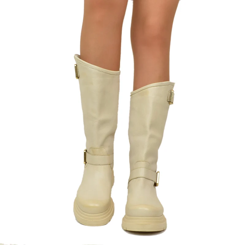 Stivali Donna Biker Beige con Fibbie Regolabili Made in Italy