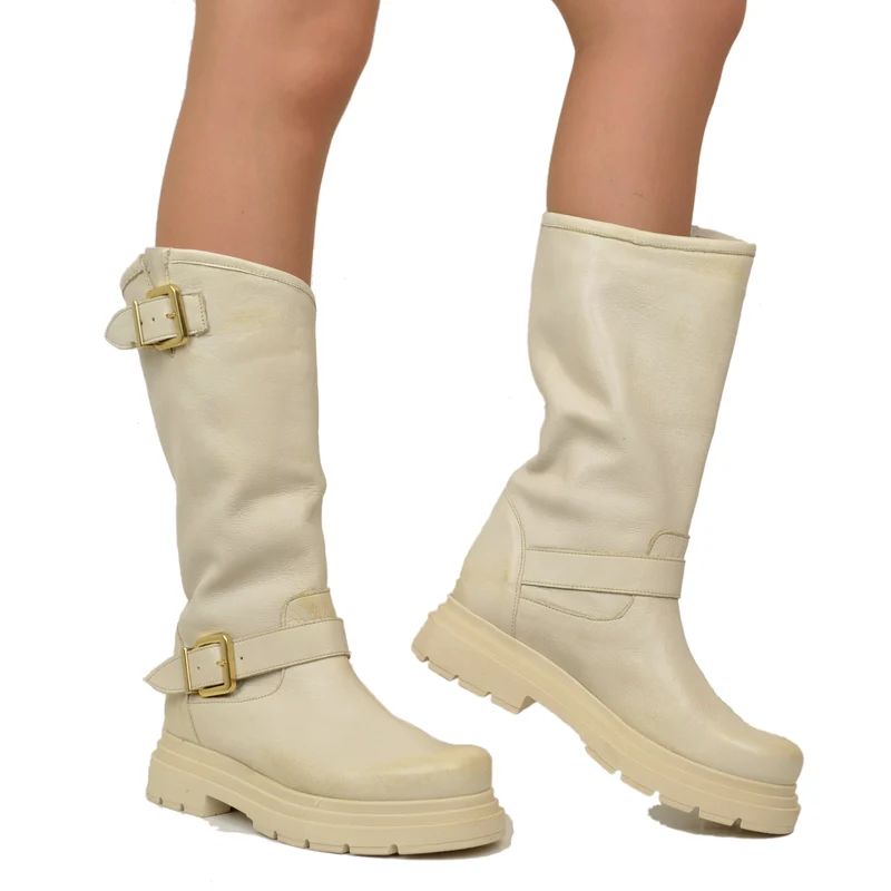 Stivali Donna Biker Beige con Fibbie Regolabili Made in Italy