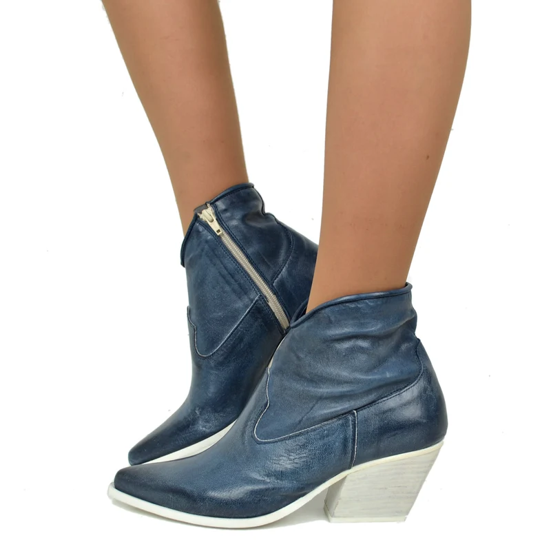 Stivaletti Texani Donna in Pelle Navy con Zip Made in Italy