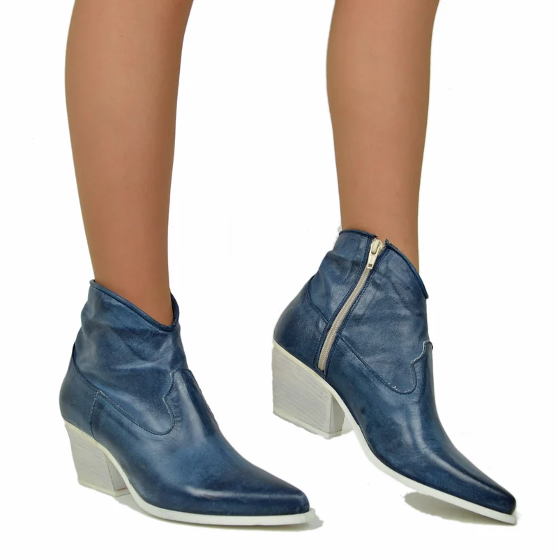 Stivaletti Texani Donna in Pelle Navy con Zip Made in Italy