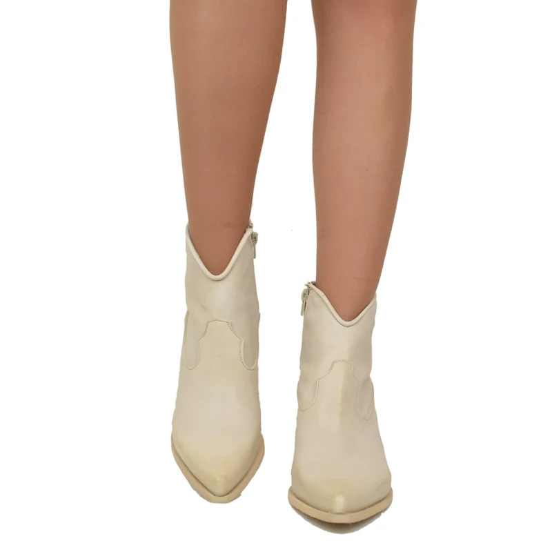 Stivaletti Texani Donna in Pelle Beige con Zip Made in Italy
