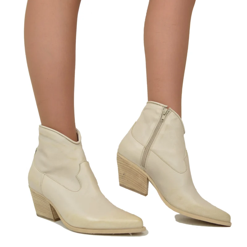 Stivaletti Texani Donna in Pelle Beige con Zip Made in Italy