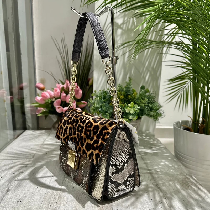 Borsa Patchwork Cartella Gold in Pelle con Catena a Spalla e Tracolla Regolabile Cavallino
