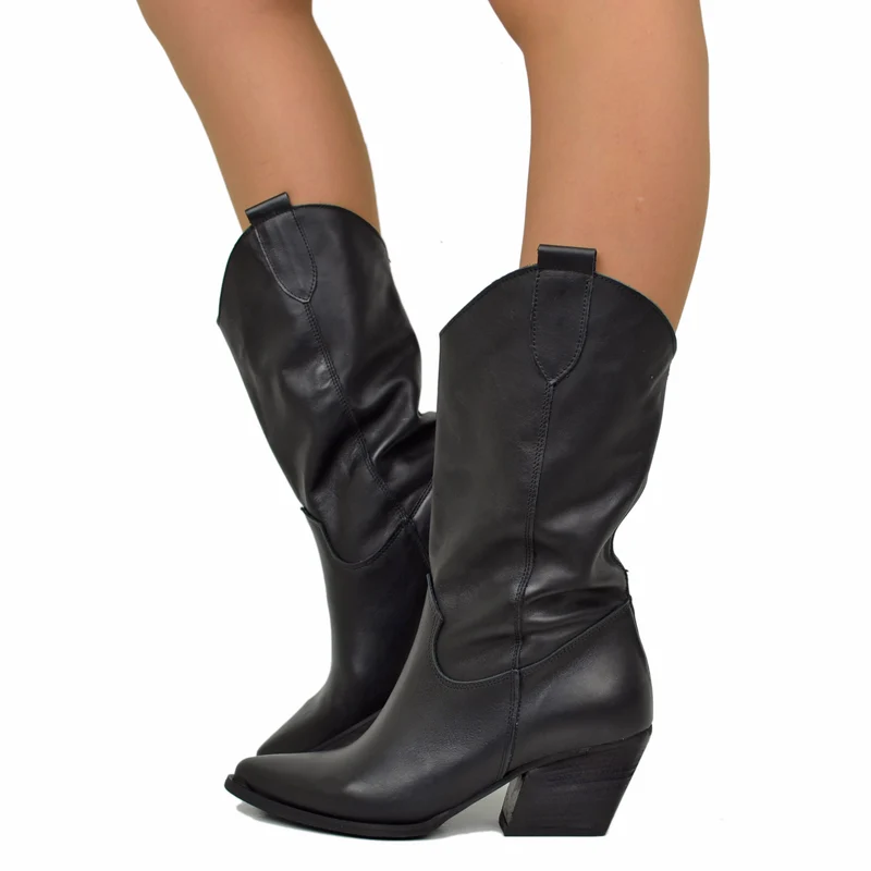 Stivali Texani Donna in Pelle Neri Made in Italy altezza Media