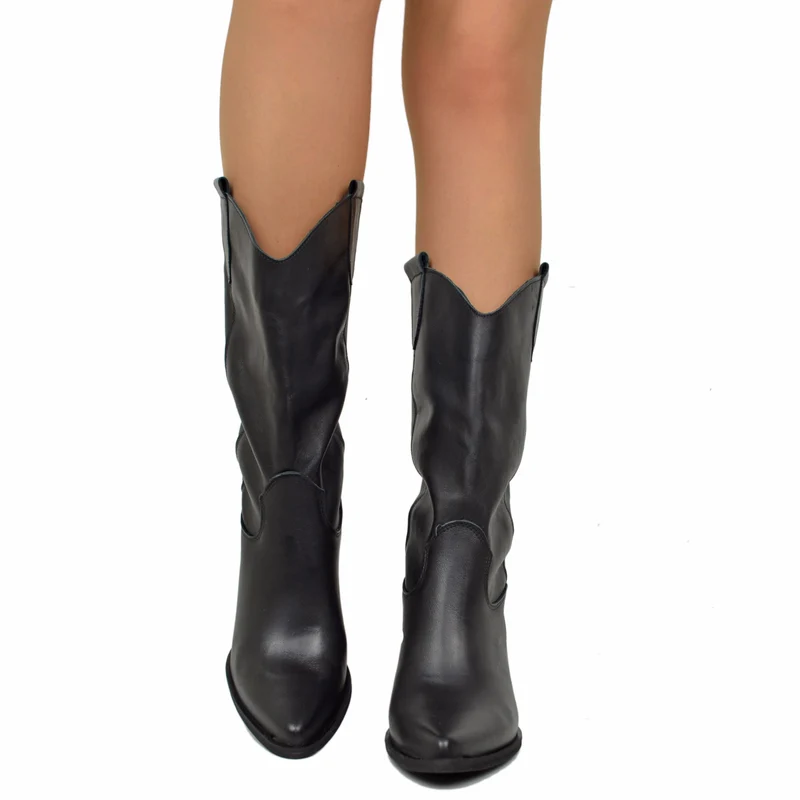 Stivali Texani Donna in Pelle Neri Made in Italy altezza Media