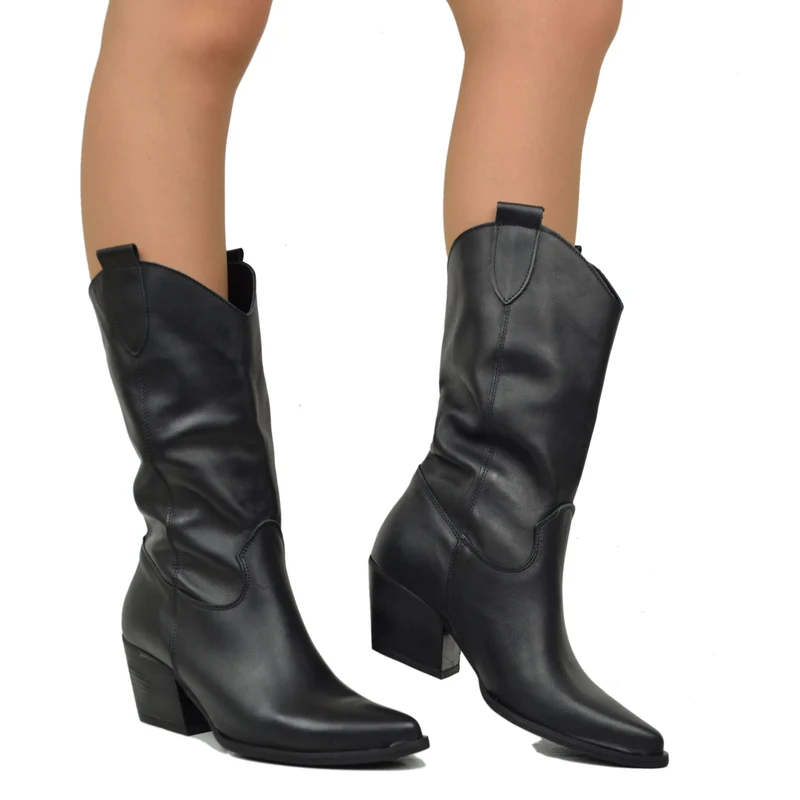 Stivali Texani Donna in Pelle Neri Made in Italy altezza Media