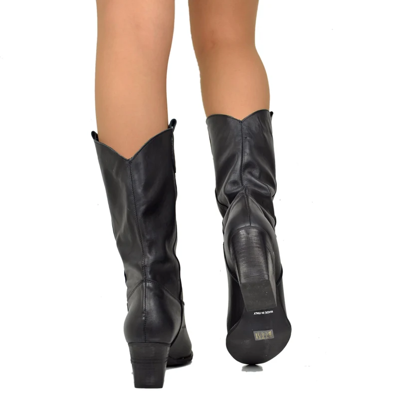 Stivali Texani Donna in Pelle Neri Made in Italy altezza Media