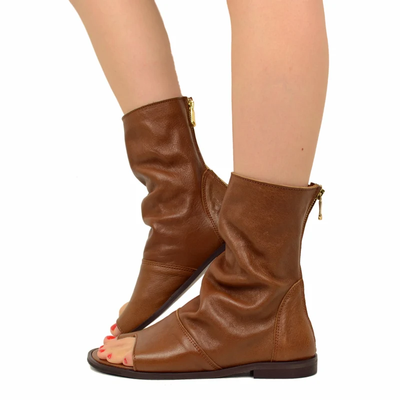 Sandali a Stivaletto Donna Sigaro Cuoio in Pelle con Zip Made in Italy