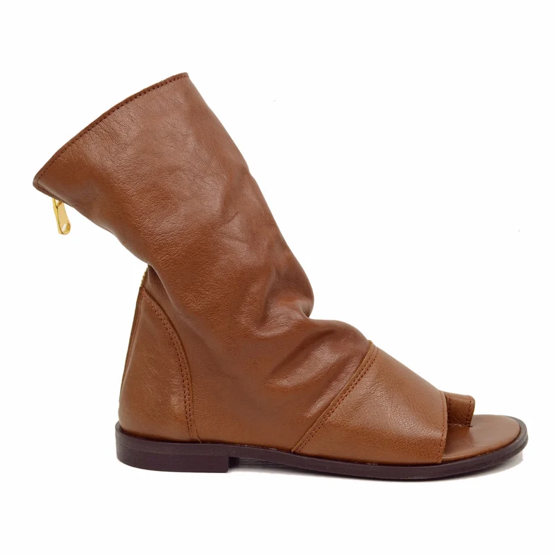 Sandali a Stivaletto Donna Sigaro Cuoio in Pelle con Zip Made in Italy