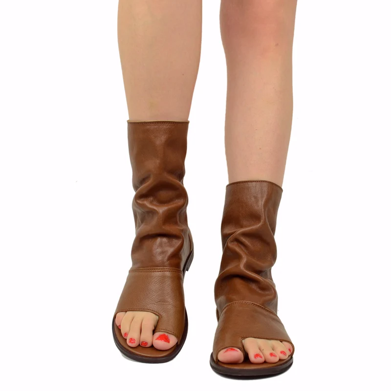 Sandali a Stivaletto Donna Sigaro Cuoio in Pelle con Zip Made in Italy
