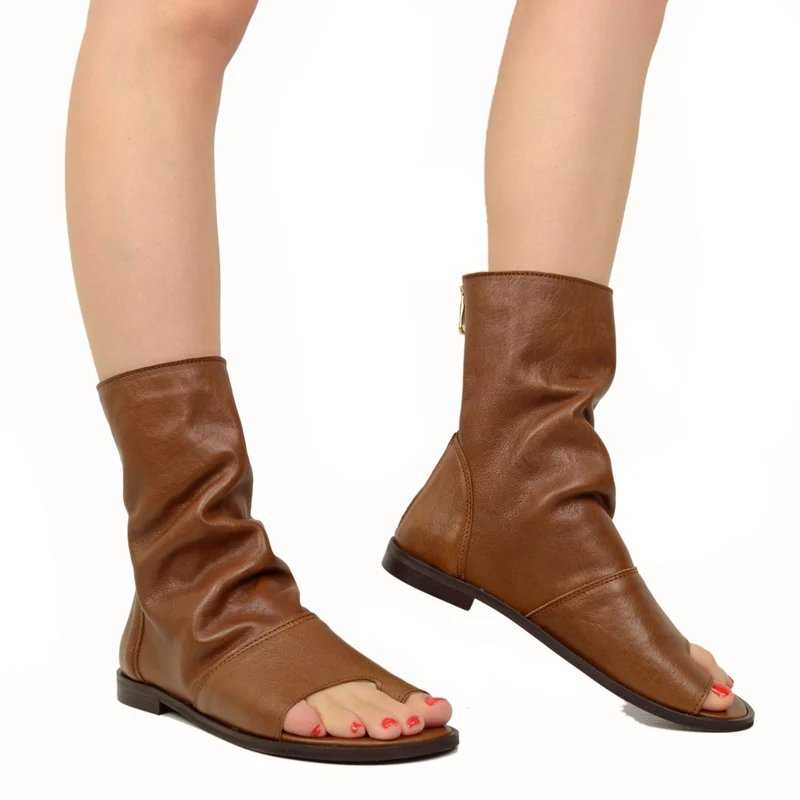 Sandali a Stivaletto Donna Sigaro Cuoio in Pelle con Zip Made in Italy