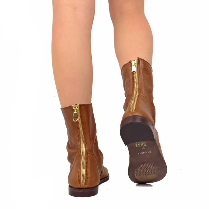 Sandali a Stivaletto Donna Sigaro Cuoio in Pelle con Zip Made in Italy