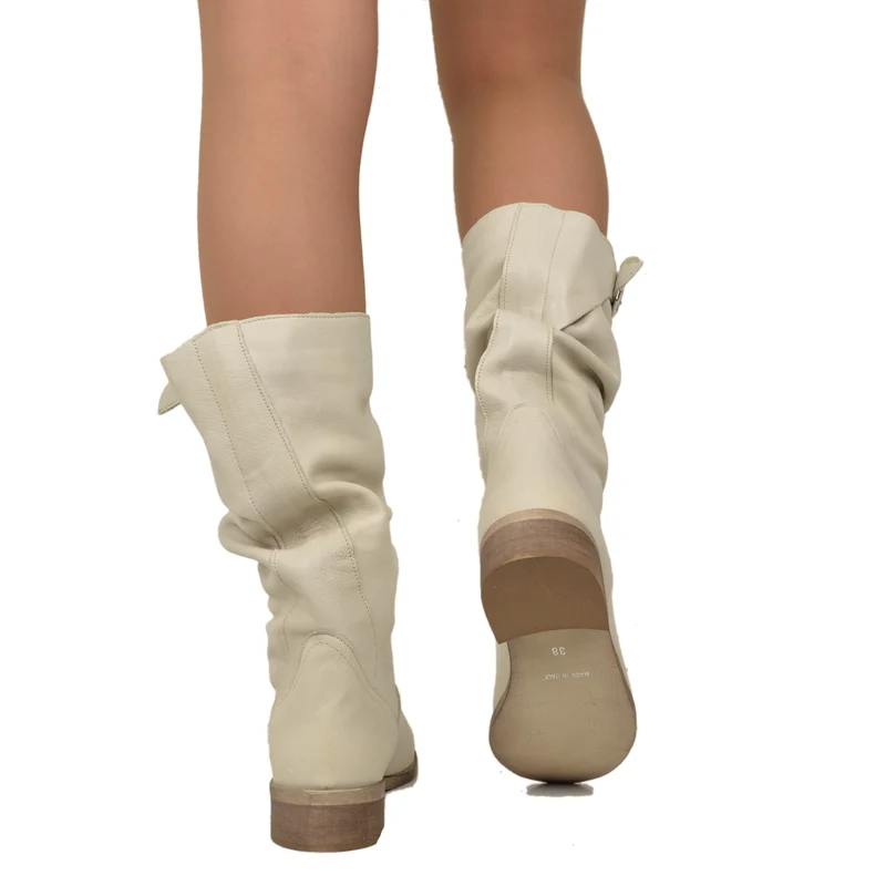 Stivali Biker a Metà Polpaccio con Fibbia in Pelle Vintage Beige