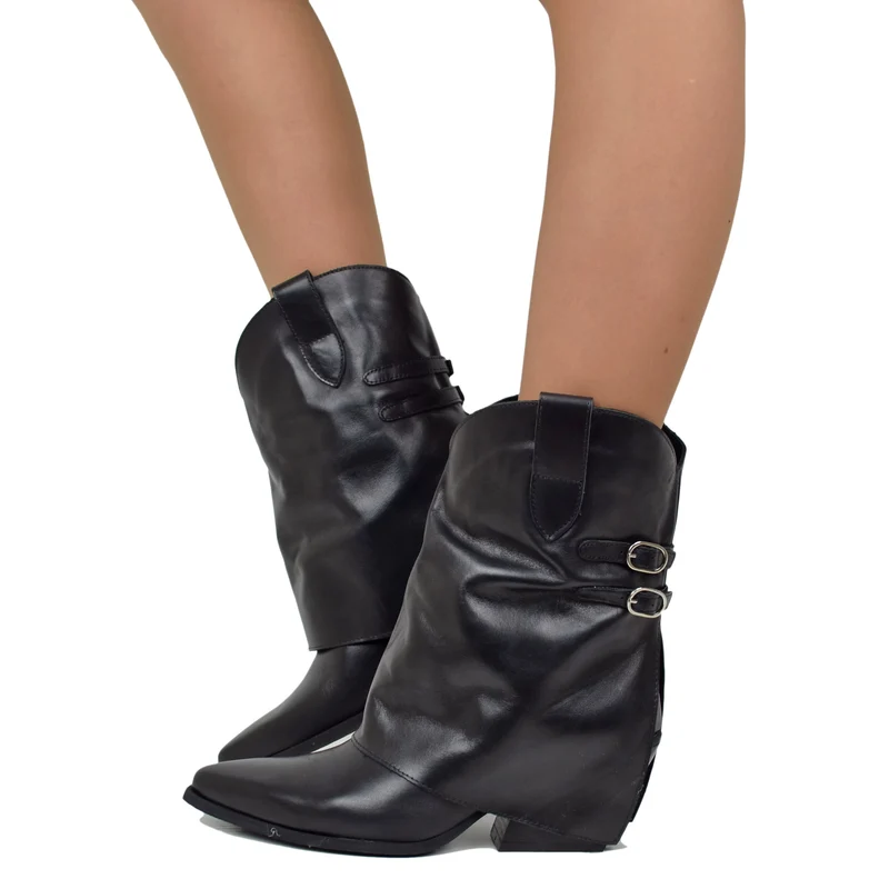 Stivaletti Texani con Ghetta Donna in Pelle Neri con Fibbie
