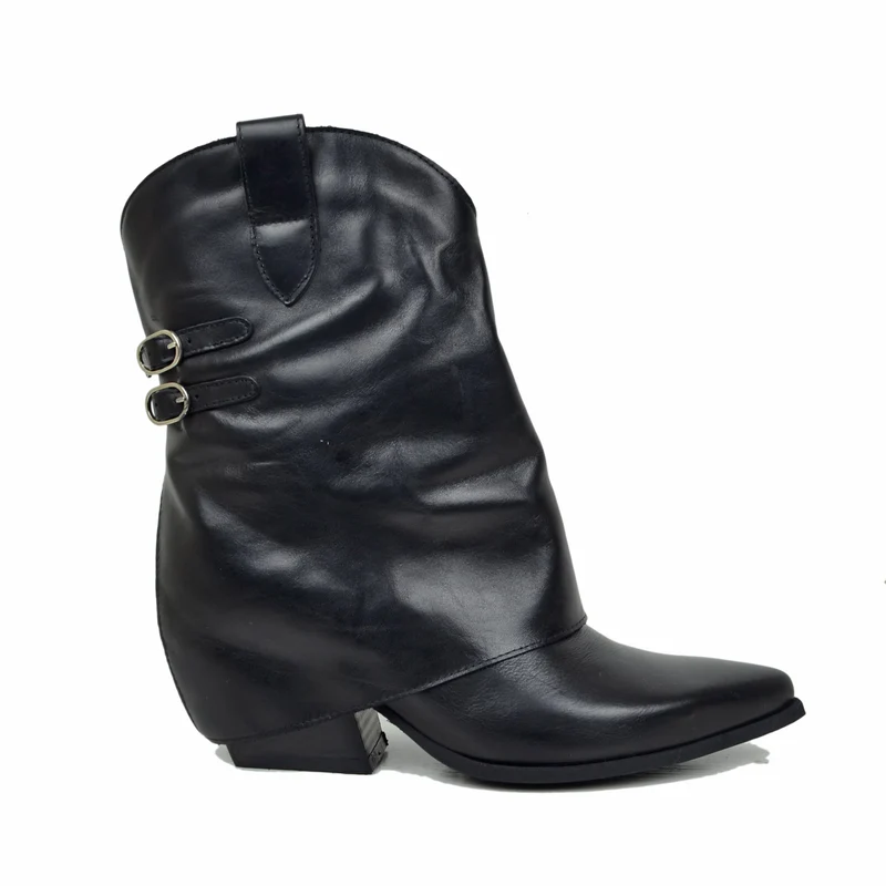 Stivaletti Texani con Ghetta Donna in Pelle Neri con Fibbie