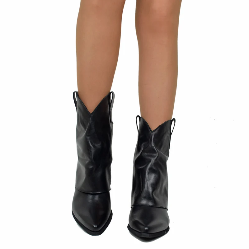 Stivaletti Texani con Ghetta Donna in Pelle Neri con Fibbie