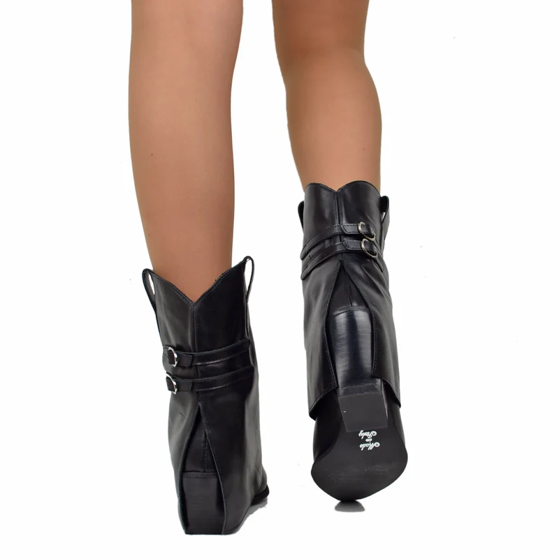 Stivaletti Texani con Ghetta Donna in Pelle Neri con Fibbie
