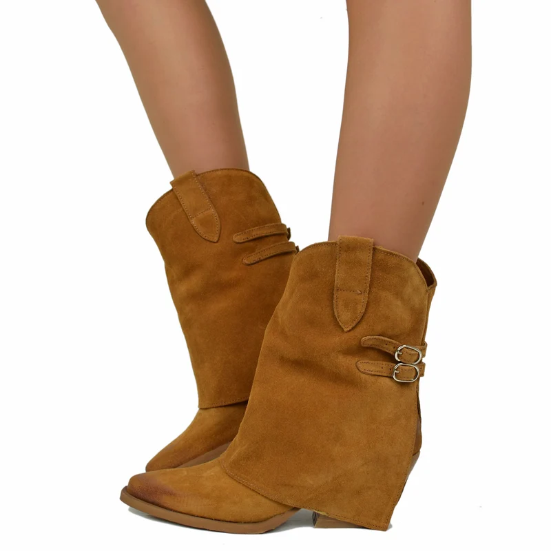 Stivaletti Texani con Ghetta Donna in Pelle Scamosciata con Fibbie