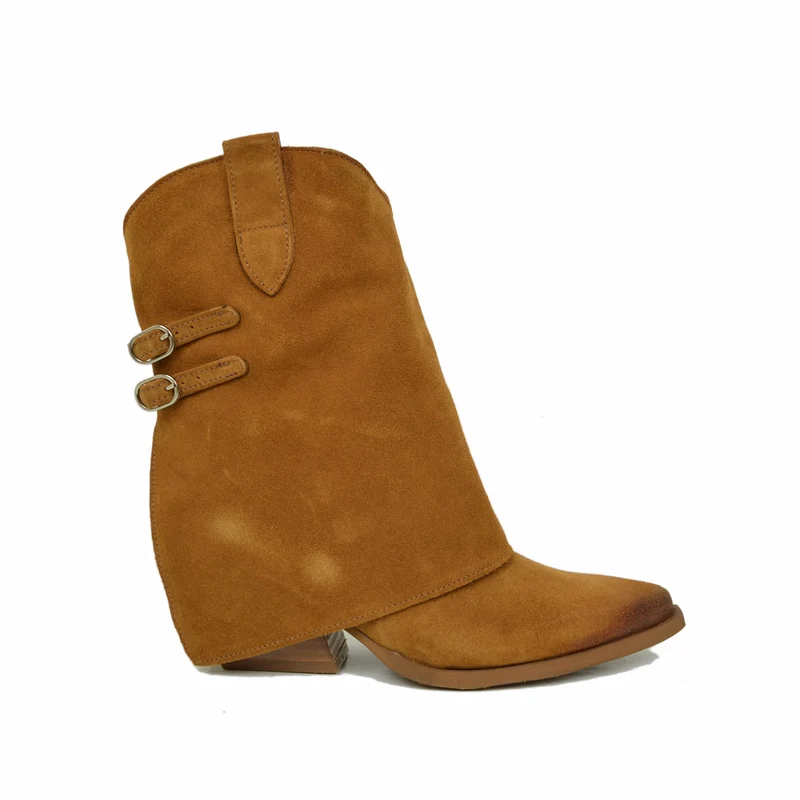 Stivaletti Texani con Ghetta Donna in Pelle Scamosciata con Fibbie