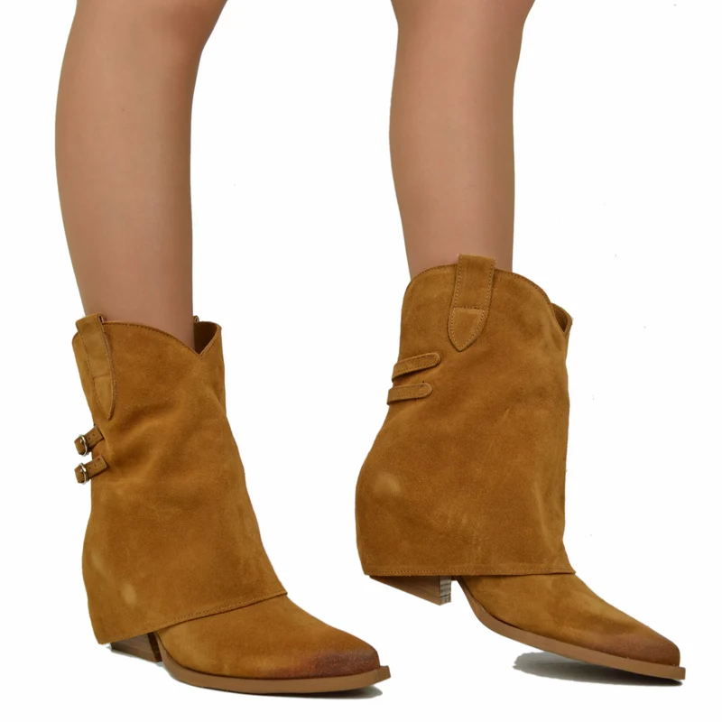 Stivaletti Texani con Ghetta Donna in Pelle Scamosciata con Fibbie