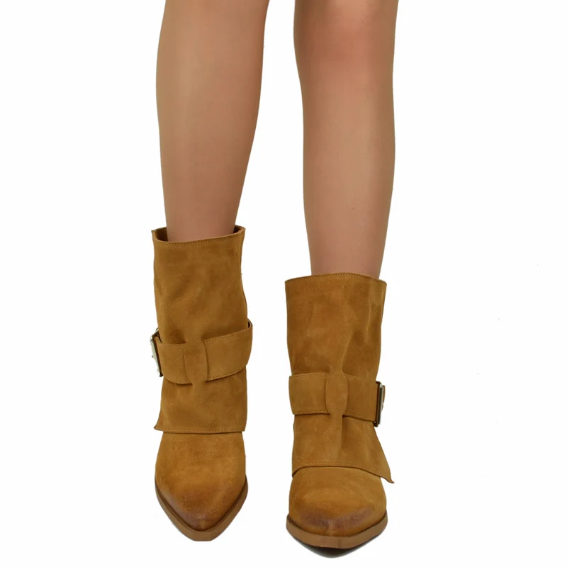 Stivaletti Texani con Ghetta Donna in Pelle Scamosciata con Fibbia