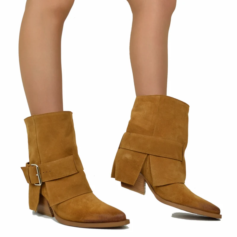 Stivaletti Texani con Ghetta Donna in Pelle Scamosciata con Fibbia