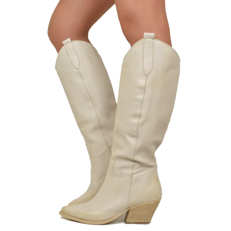 Stivali Donna Texani in Pelle color Sabbia Made in Italy
