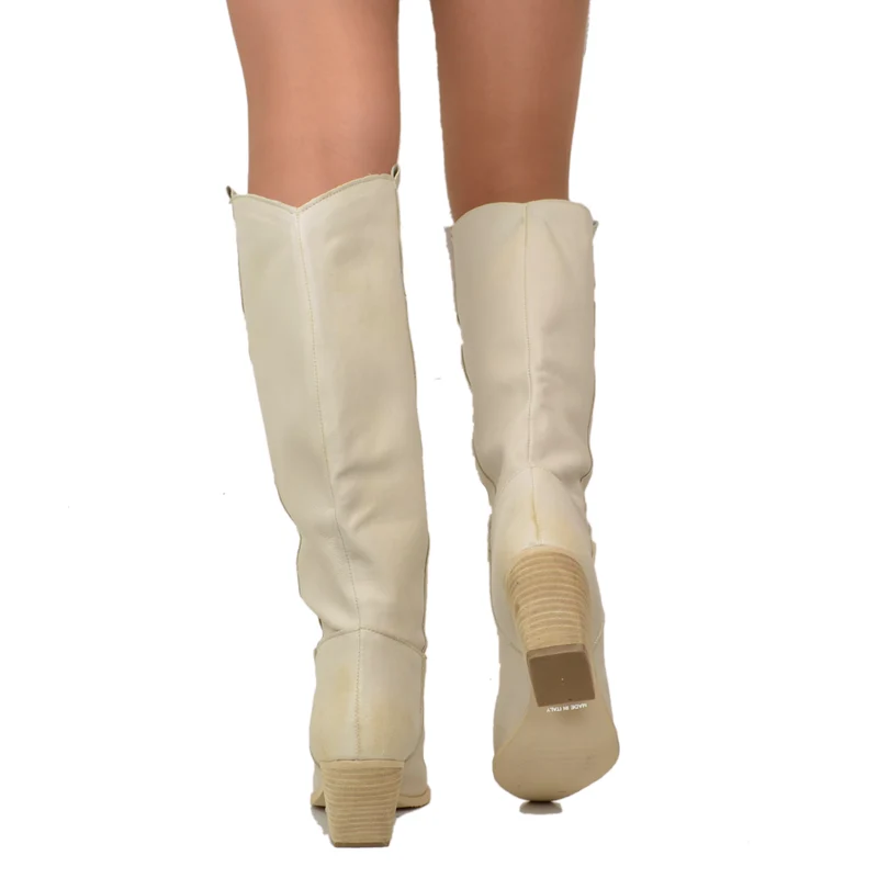 Stivali Donna Texani in Pelle color Sabbia Made in Italy