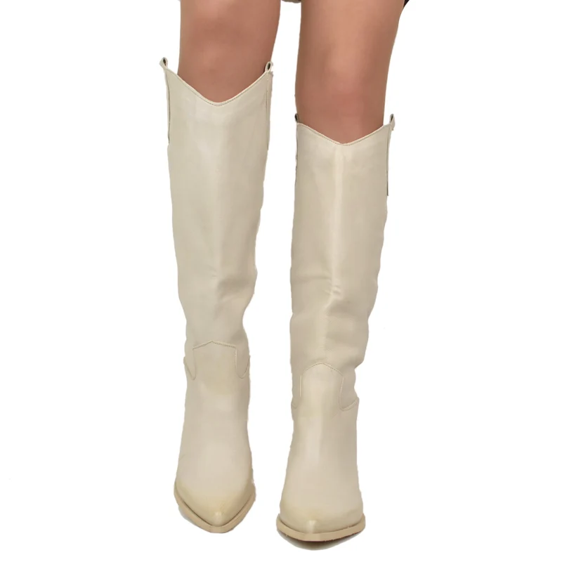 Stivali Donna Texani in Pelle color Sabbia Made in Italy