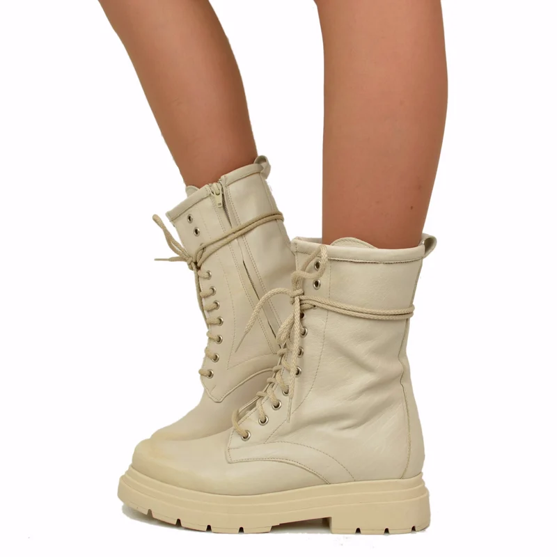 Stivaletti Donna Anfibi Beige con Lacci e Fondo Platform Made in Italy
