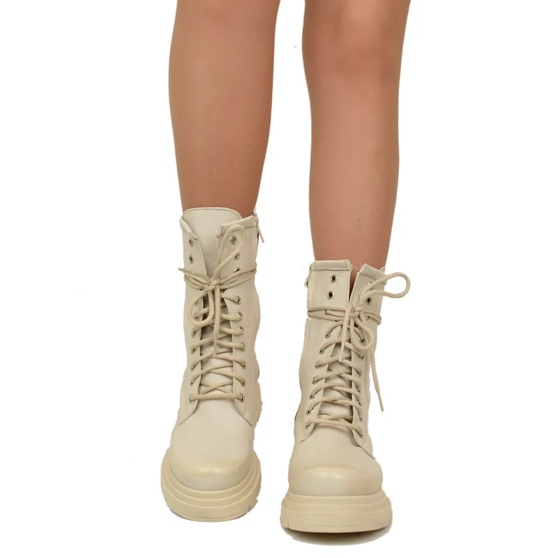 Stivaletti Donna Anfibi Beige con Lacci e Fondo Platform Made in Italy