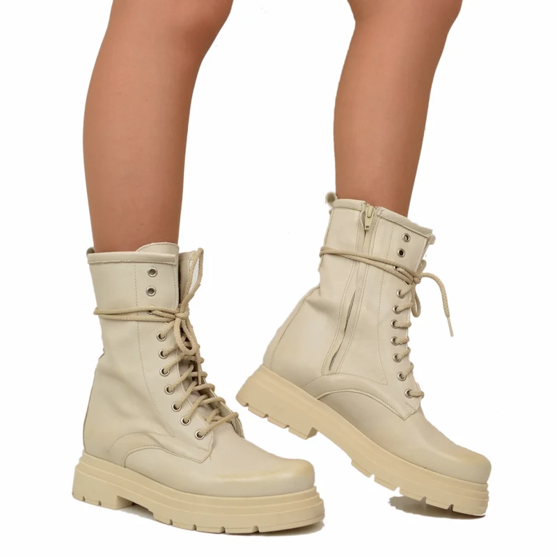 Stivaletti Donna Anfibi Beige con Lacci e Fondo Platform Made in Italy