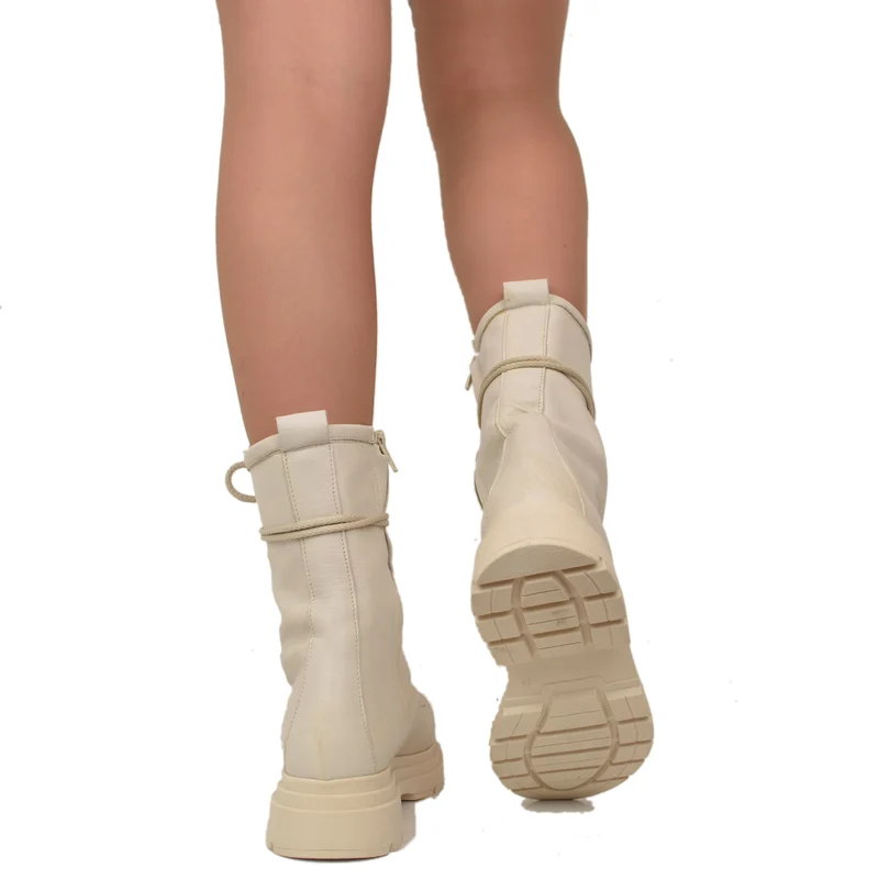 Stivaletti Donna Anfibi Beige con Lacci e Fondo Platform Made in Italy