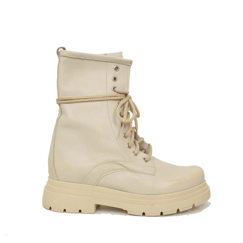Stivaletti Donna Anfibi Beige con Lacci e Fondo Platform Made in Italy