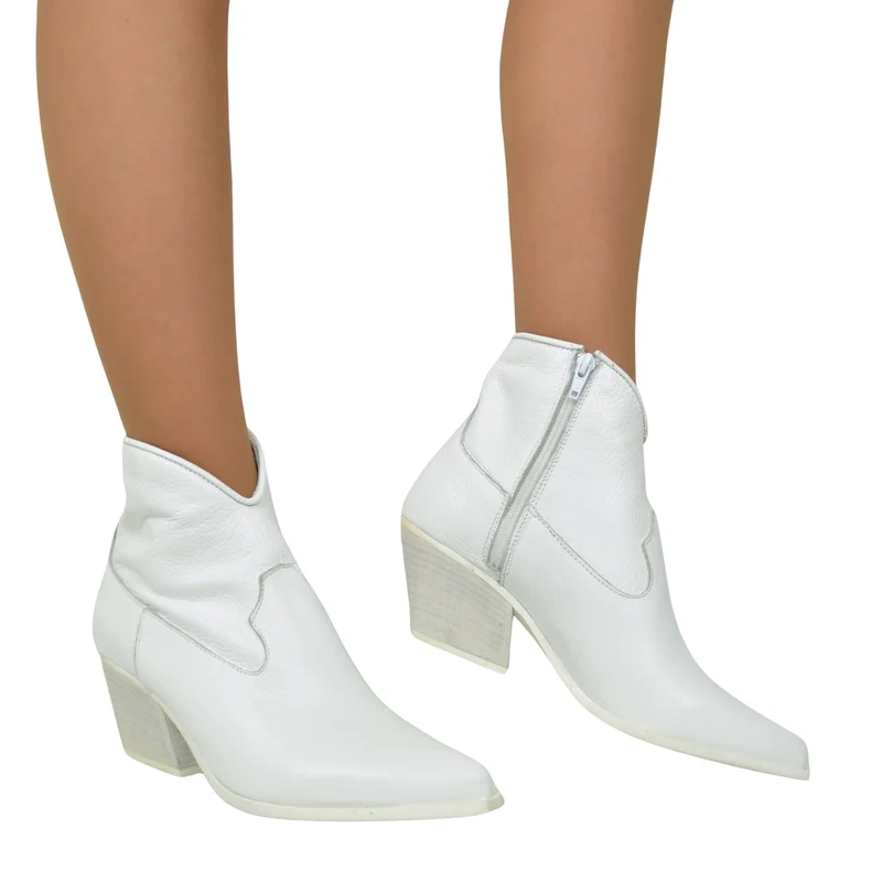 Stivaletti Texani Donna in Pelle Bianchi con Zip Made in Italy