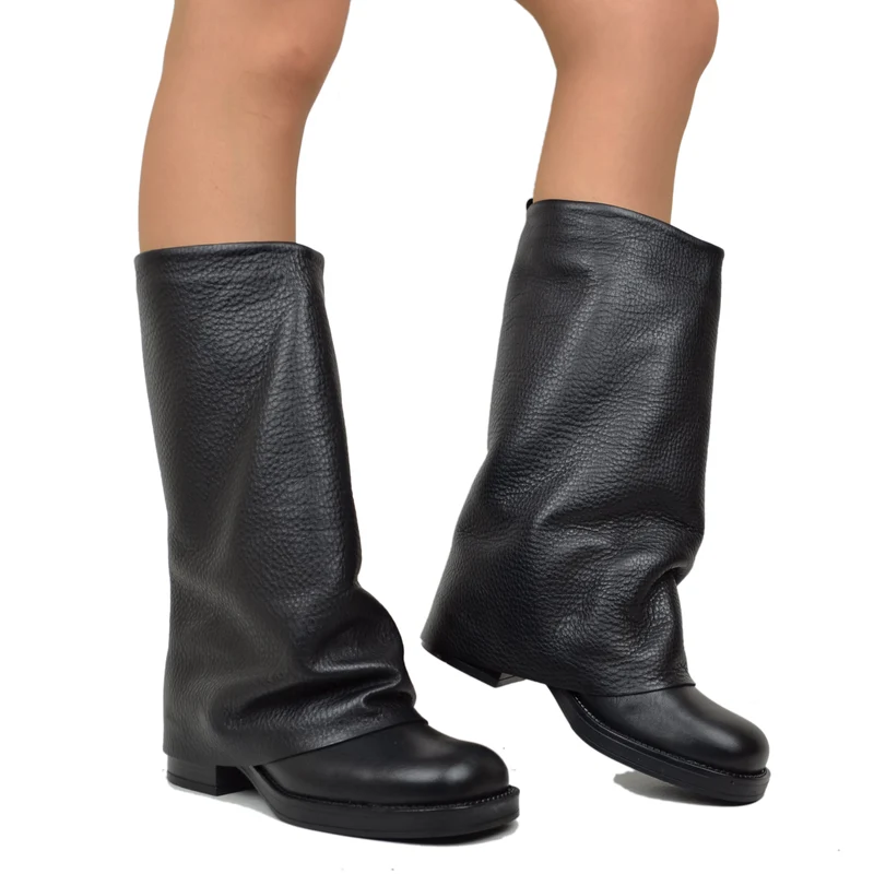 Biker con Ghetta Punta Quadrata Vera Pelle