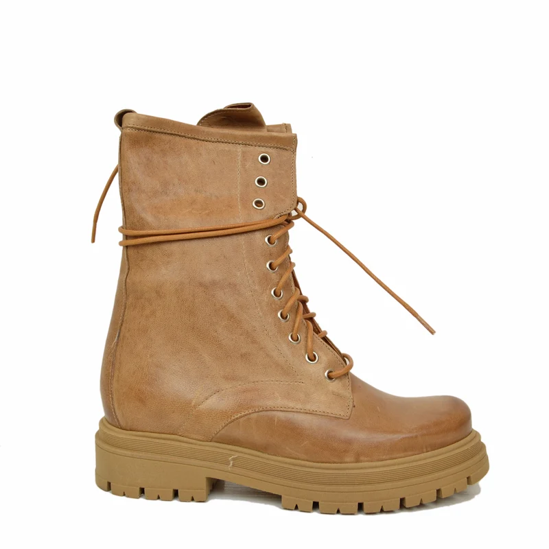 Stivaletti Donna Anfibi Cuoio con Lacci e Fondo Platform Made in Italy