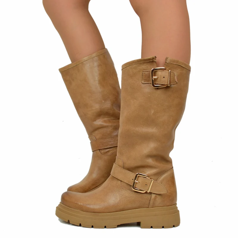 Stivali Donna Biker Cuoio con Fibbie Regolabili Made in Italy