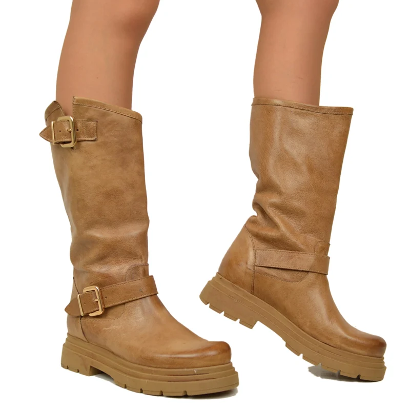 Stivali Donna Biker Cuoio con Fibbie Regolabili Made in Italy