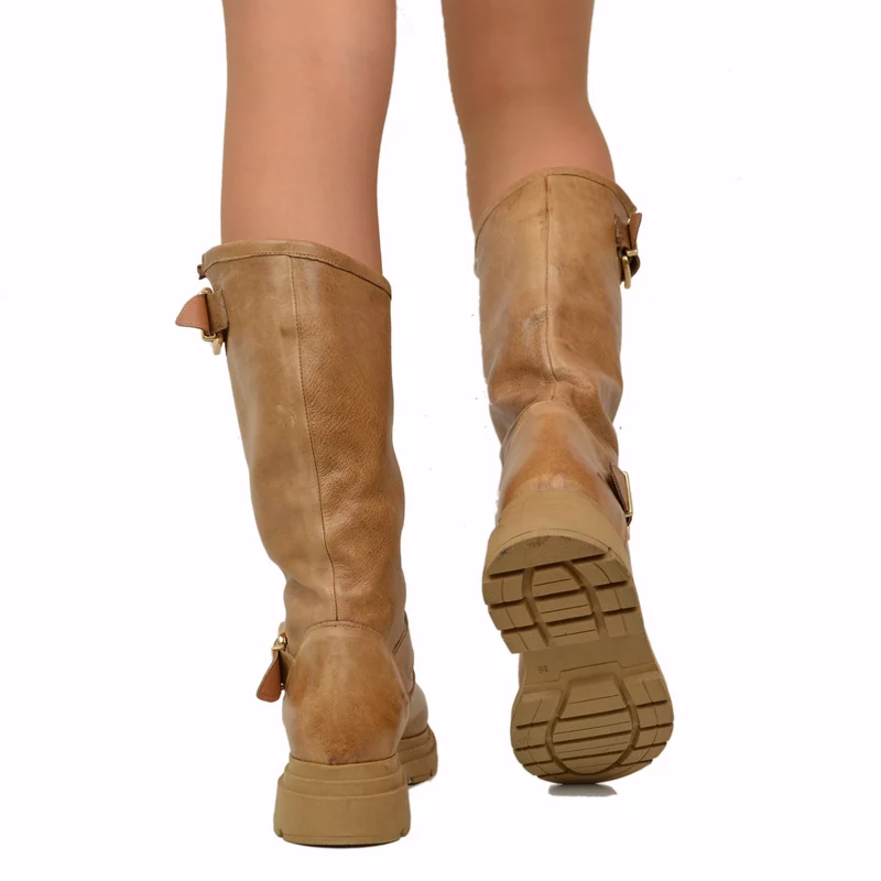Stivali Donna Biker Cuoio con Fibbie Regolabili Made in Italy