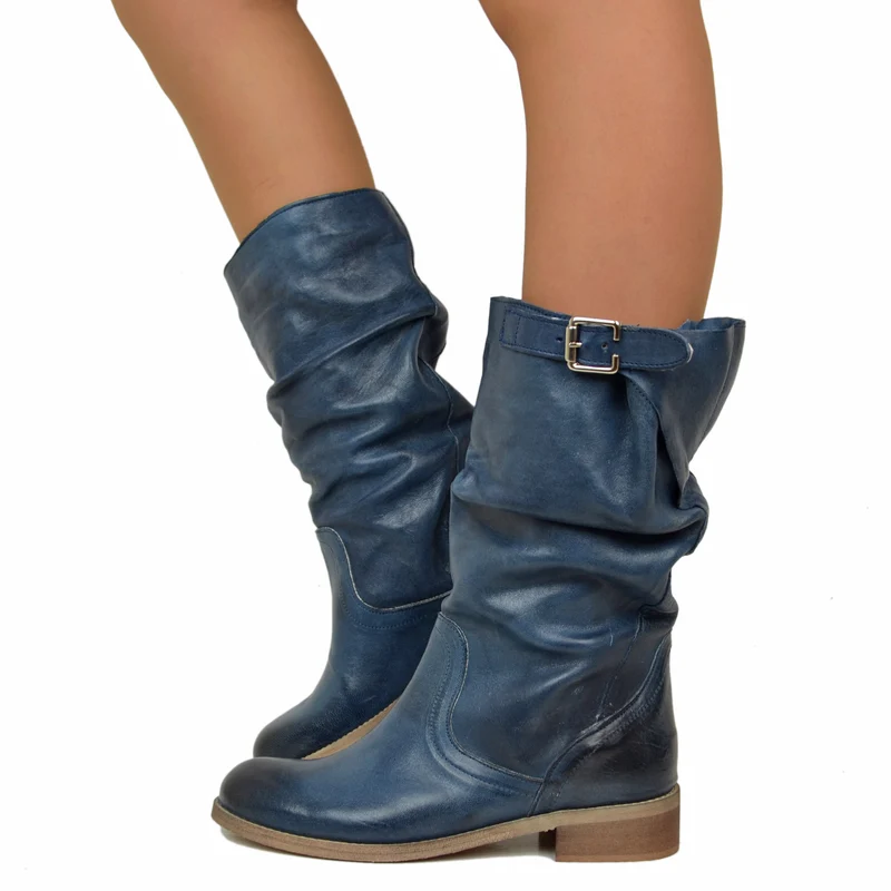 Stivali Biker a Metà Polpaccio con Fibbia in Pelle Vintage Blu