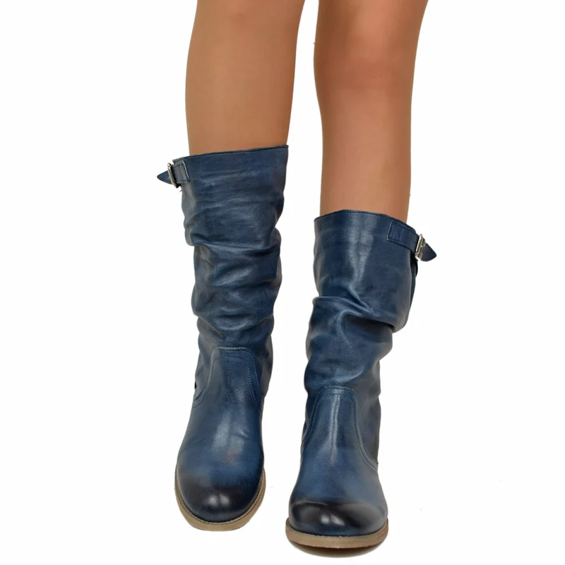 Stivali Biker a Metà Polpaccio con Fibbia in Pelle Vintage Blu