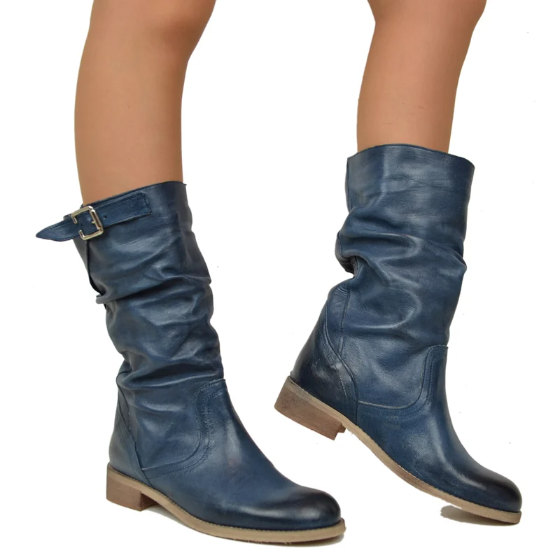 Stivali Biker a Metà Polpaccio con Fibbia in Pelle Vintage Blu