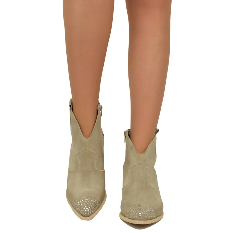 Stivaletti Texani Donna Borchiati in Pelle Scamosciata Beige