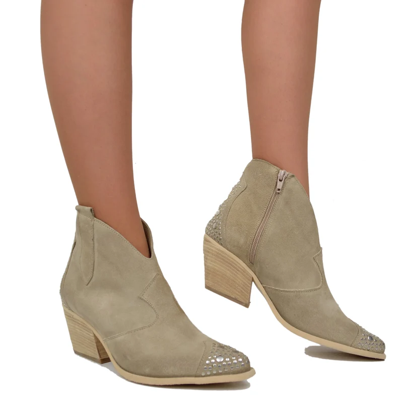 Stivaletti Texani Donna Borchiati in Pelle Scamosciata Beige