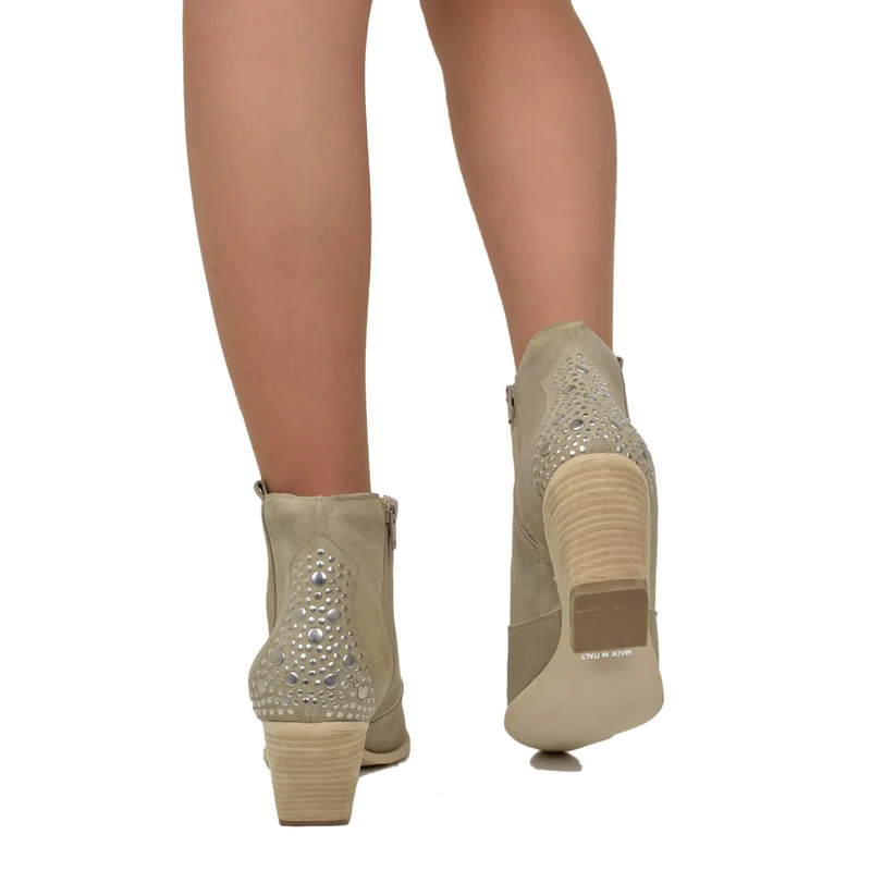 Stivaletti Texani Donna Borchiati in Pelle Scamosciata Beige