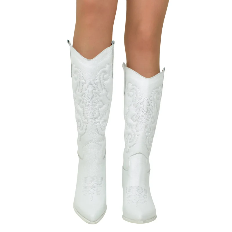 Stivali Texani Bianchi in Pelle con Cuciture Made in Italy