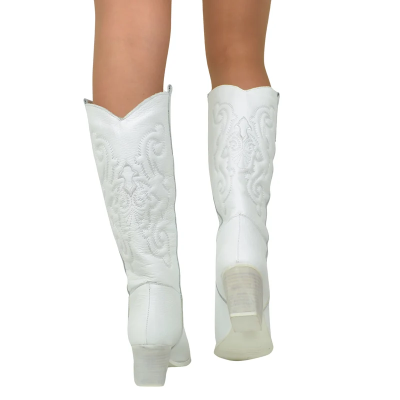 Stivali Texani Bianchi in Pelle con Cuciture Made in Italy