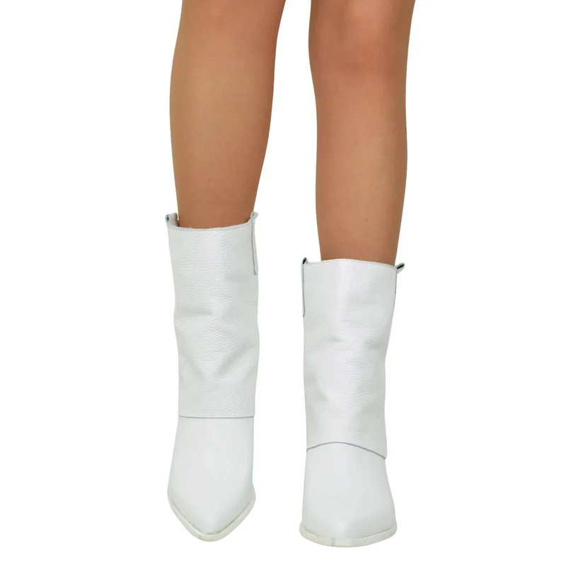 Stivaletti Texani Donna con Ghetta alla Caviglia in Pelle Bianca