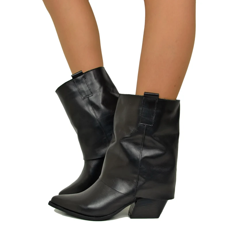 Texanini con Ghetta Tacco Medio Vera Pelle Artigianali Black